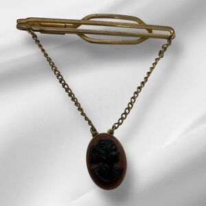 Vintage Nu Lok Tie Clip with Chain Men's Gold Tone Cameo Art Deco